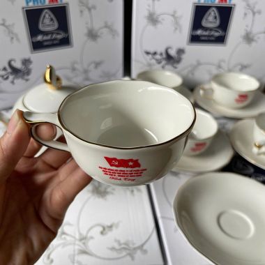 BỘ TÁCH SỨ TRẮNG KÈM ĐĨA LÓT SỨ IN LOGO - KÈM HỘP ĐỰNG CAO CẤP