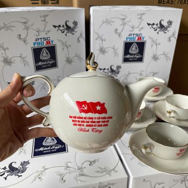 BỘ TÁCH SỨ TRẮNG KÈM ĐĨA LÓT SỨ IN LOGO - KÈM HỘP ĐỰNG CAO CẤP