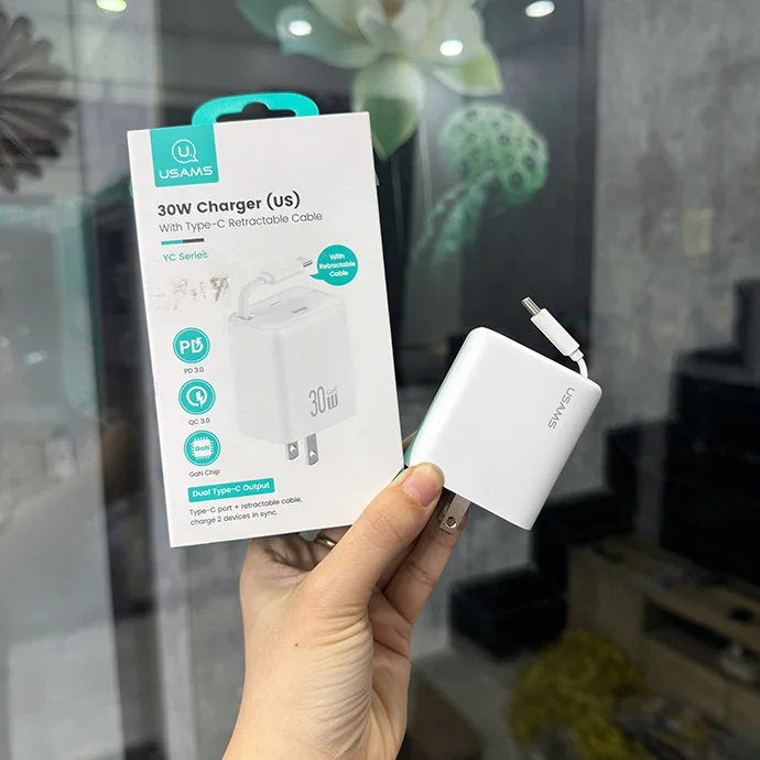 SẠC NHANH 30W USAMS KÈM DÂY SẠC TYPE-C RÚT GỌN TIỆN LỢI IN LOGO THEO YÊU CẦU - CHÍNH HÃNG GIÁ TỐT
