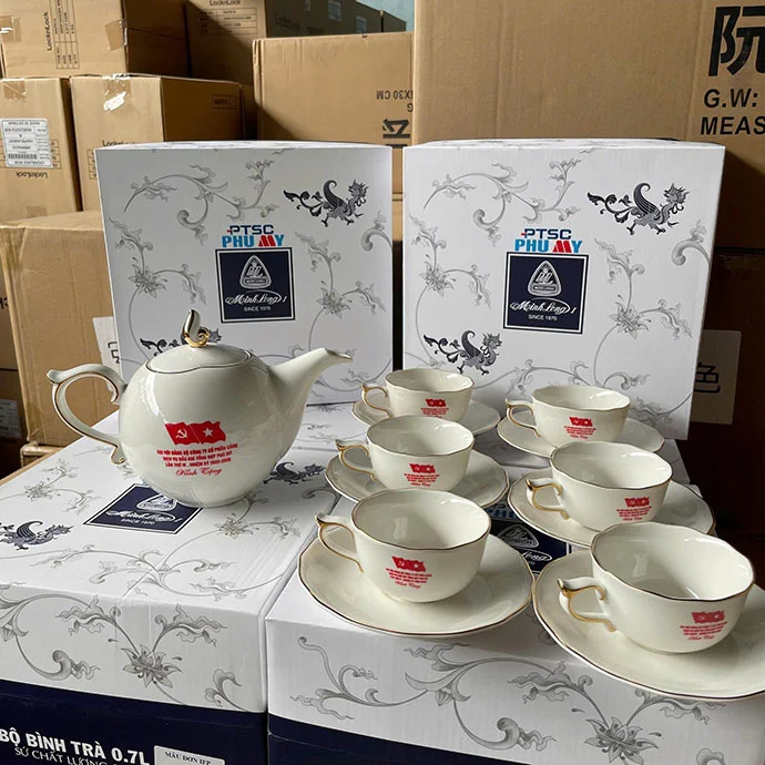 BỘ TÁCH SỨ TRẮNG KÈM ĐĨA LÓT SỨ IN LOGO - KÈM HỘP ĐỰNG CAO CẤP